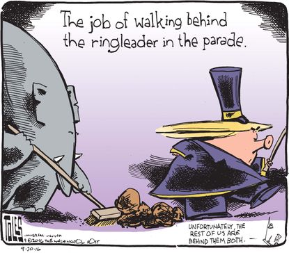 Political cartoon U.S. 2016 election Donald Trump parade ringleader