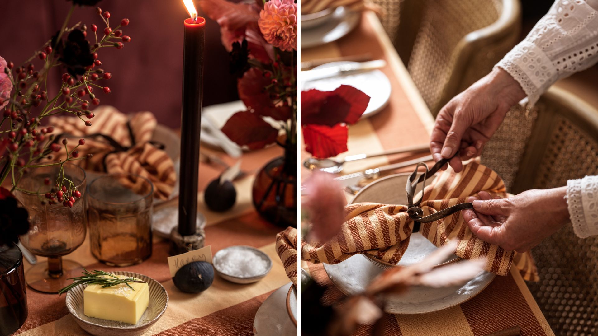 Clodagh McKenna&#039;s fall tablescape with her striped linens, red candles, and flower arrangements