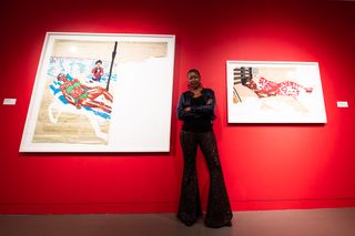 Artist Billie Zangewa with her exhibition, ‘Thread for a Web Begun’ at The Museum of the African Diaspora, San Francisco.