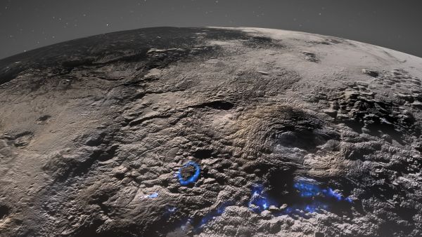 An image of Pluto taken by the New Horizons probe in 2015 with evidence for potential cryovolcanism marked in blue.