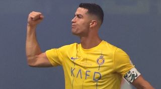 Cristiano Ronaldo celebrates after scoring for Al-Nassr against Al-Ahli in the Saudi Pro League in September 2023.