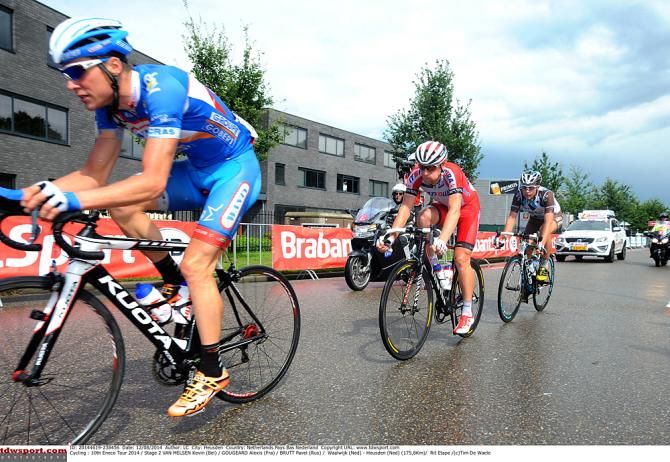 Breakaway riders Pavel Brutt (Katusha), Kevin Van Melsen (Wanty - Groupe Gobert) and Alexis Gougeard (AG2R La Mondiale)