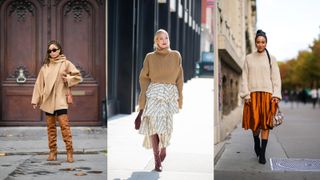A composite of street style influencers showing how to style oversized sweaters with boots
