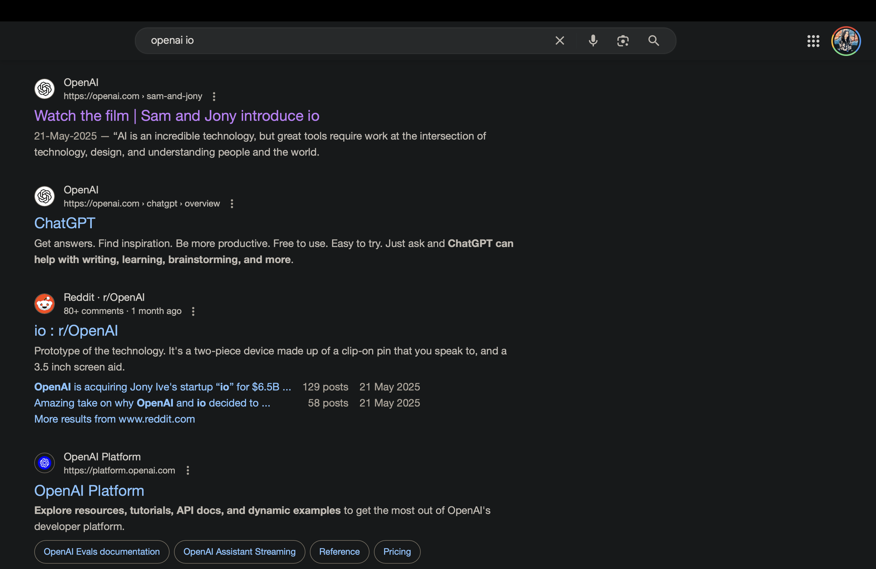 Google search result page that appears when you search up "openai io"