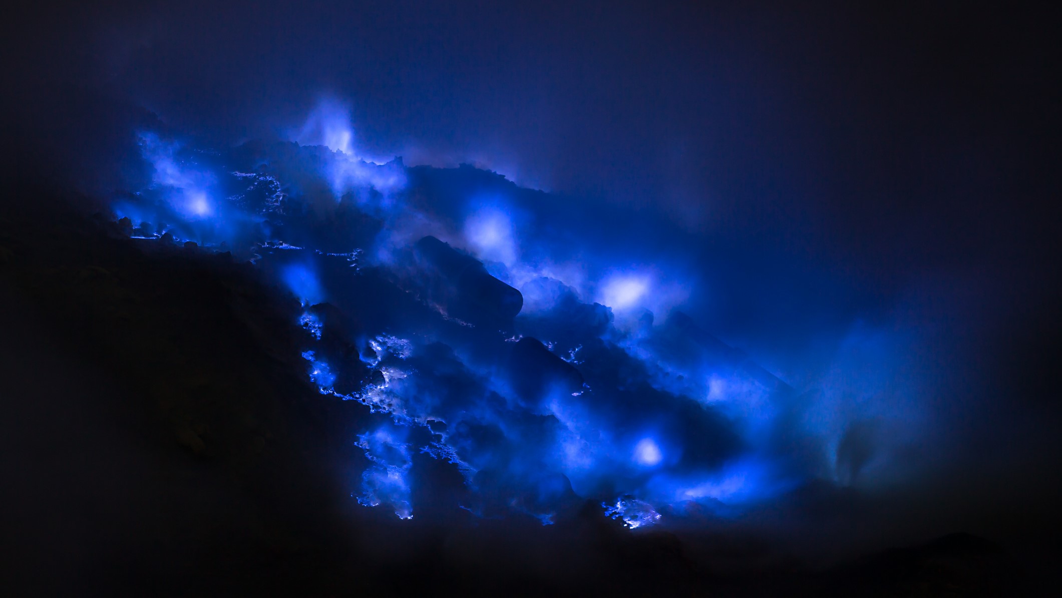 Lava from Kawah Ijen volcano appears to glow blue.