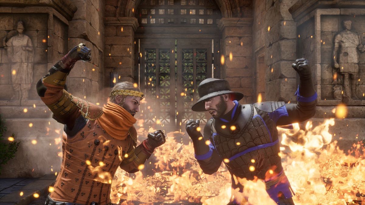 Two fistfighters enter combat while surrounded by flames in Mordhau.