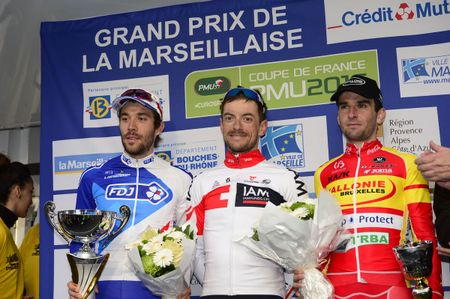 Thibaut Pinot (FDJ), Dries Devenyns (IAM Cycling) and Baptiste Planckaert (Wallonie Bruxelles - Group Protect)