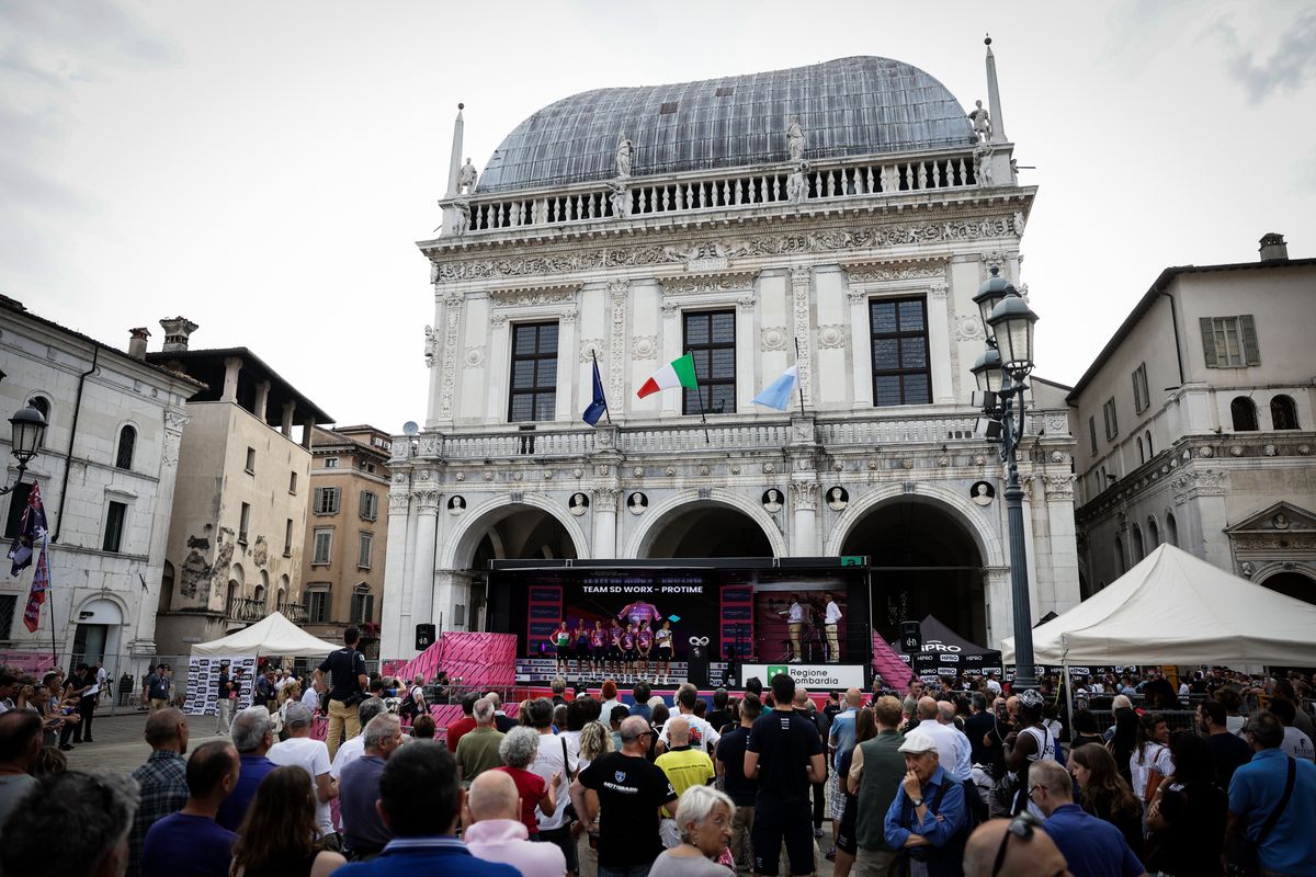 during the team presentation ahead of the Giro dItalia Women cycling race in Brescia The race starts on Sunday July 7 with the first stage Tudor ITT over 157km from Brescia to Brescia North west Italy Saturday July 6 2024 Sport cycling Photo by Alessandro GarofaloLapresse