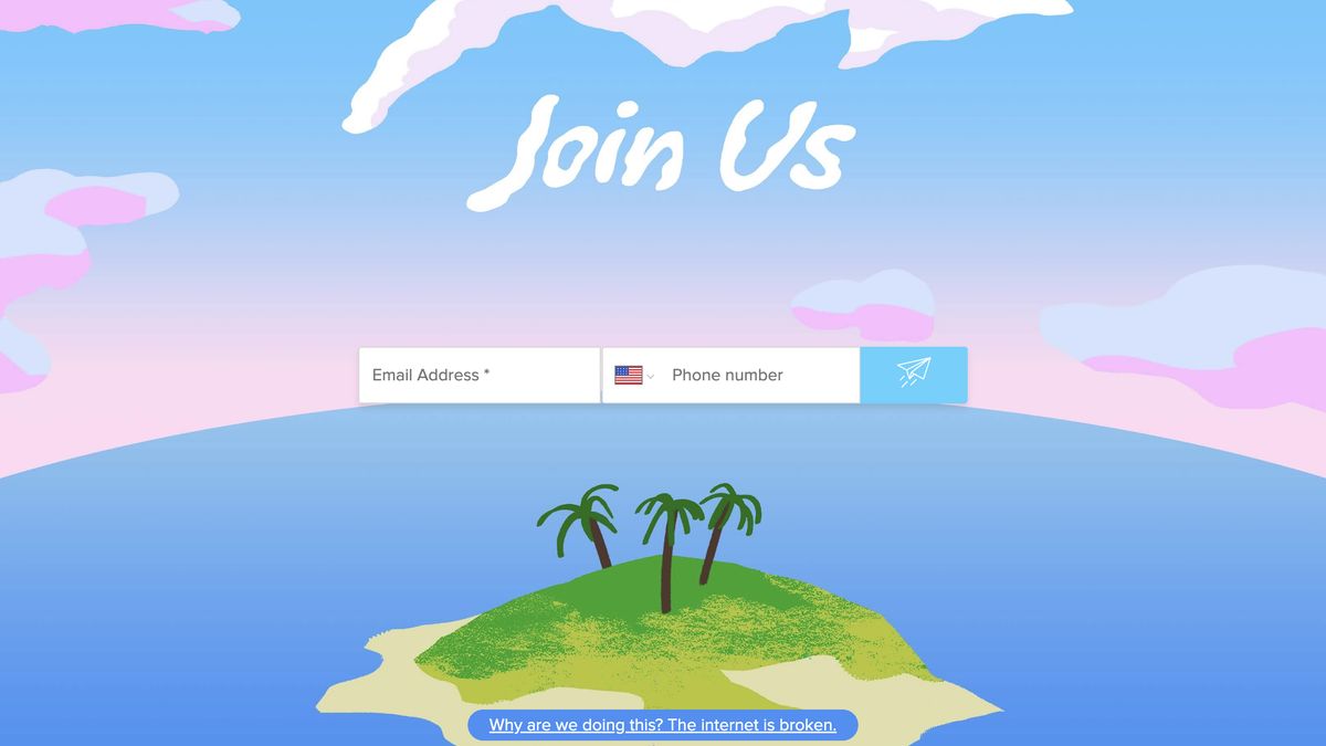 The landing page for BuzzFeed&#039;s upcoming social media platform has an island-themed background with the text &quot;join us&quot;