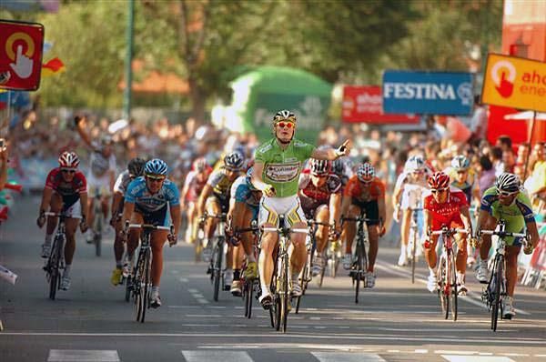 Germany's Andr&eacute; Greipel (Columbia-HTC) begins to celebrate.