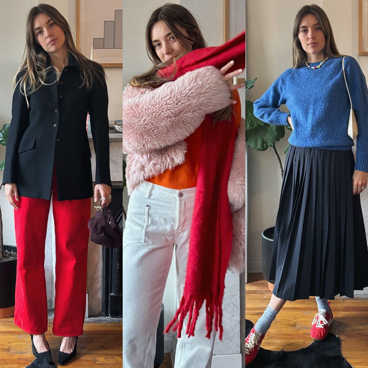 aemilia madden wearing a black balzer and red pants, aemilia madden wearing a pink coat and white pants, aemilia madden wearing a blue cardigan, a black skirt, and red shoes