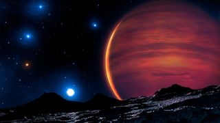 A giant brown star appears in the sky above the rocky horizon of an exoplanet