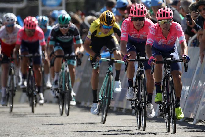 Sergio Haguita leads home compatriot and EF Education First teammate Rigoberto Uran on stage 2 of the 2019 Tour of California
