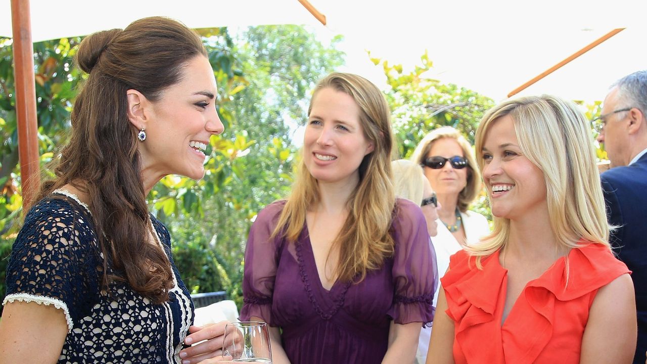 Kate Middleton told jokes, Catherine, Duchess of Cambridge meets actress Reese Witherspoon as she attends a reception to mark the Launch of Tusk Trust&#039;s US Patron&#039;s Circle on July 10, 2011 in Santa Barbara, California. 