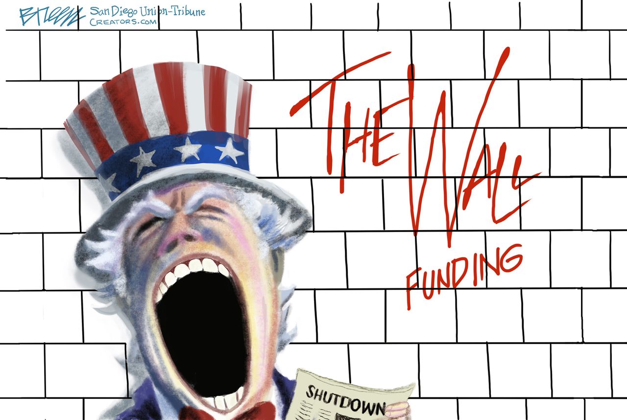 Political cartoon U.S. wall funding government shutdown uncle sam&amp;amp;nbsp;Pink Floyd