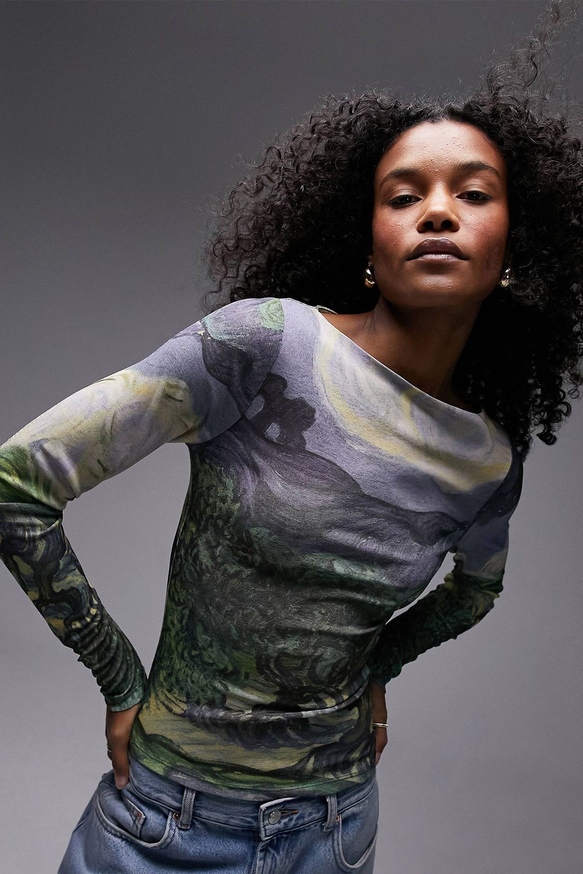 Topshop x Art Museum Van Gogh, Mesh Landscape Slash Long Sleeve Top