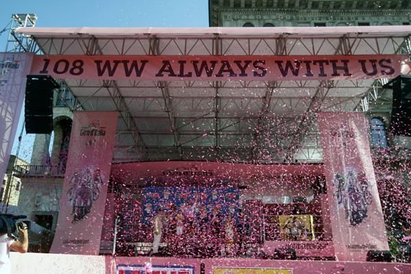 Somewhere amongst the pink confetti is 2011 Giro winner Alberto Contador.