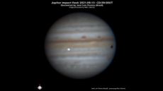 Brazilian observer Jos&eacute; Luis Pereira captured this shot of an impactor (bright flash at center-left) hitting Jupiter on Sept. 13, 2021.