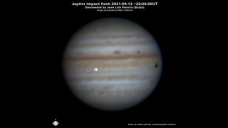 Brazilian observer José Luis Pereira captured this shot of an impactor (bright flash at center-left) hitting Jupiter on Sept. 13, 2021.