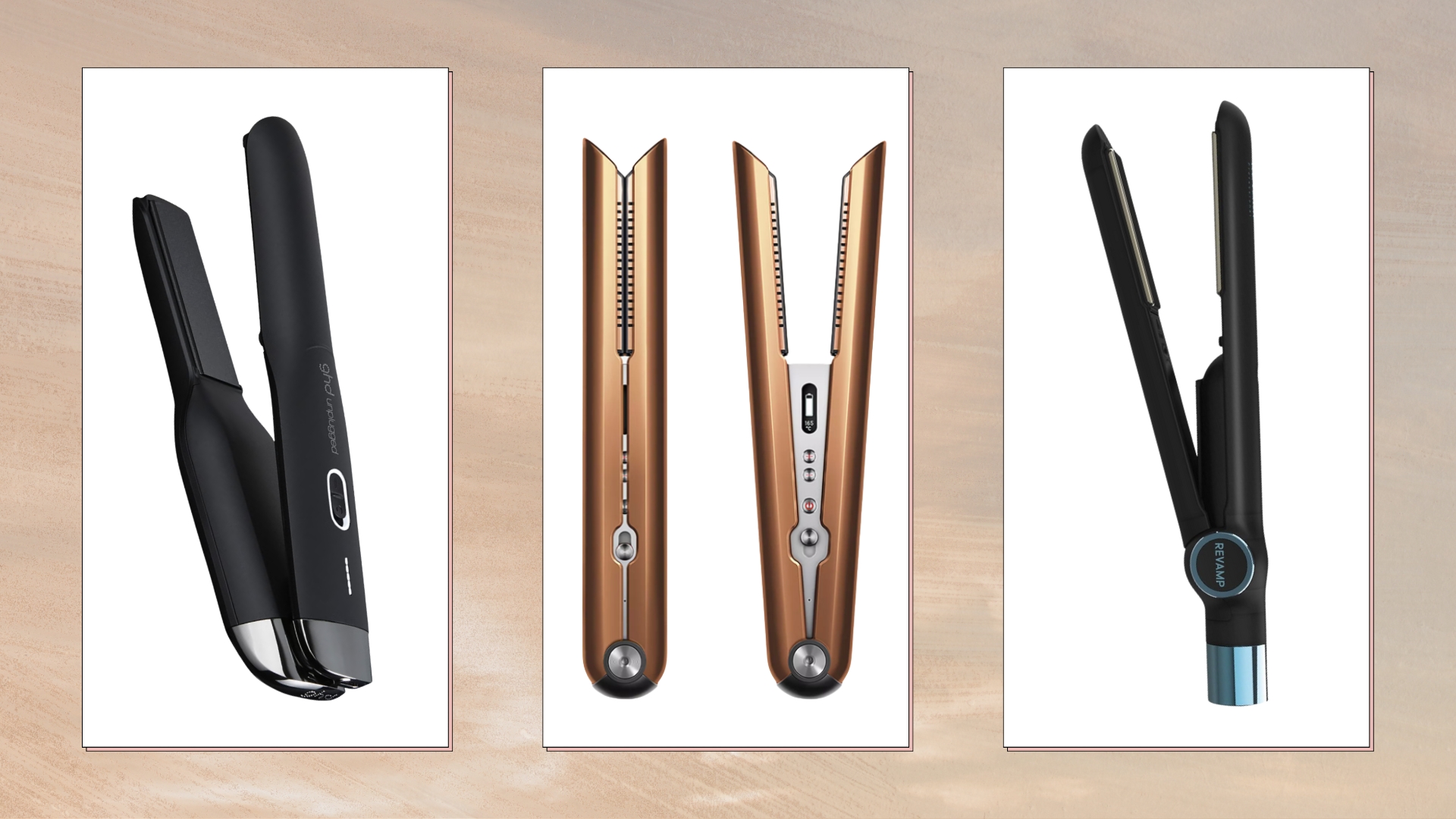 A collage of three of the best cordless straighteners featured in this guide, including the ghd, Dyson and Revamp straighteners, in a beige and grey sunset-style template