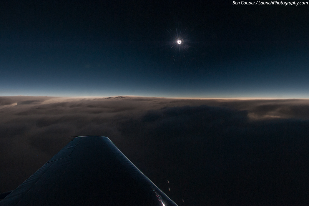 Veteran space photographer Ben Cooper captured this spectacular aerial view of the 2013 total solar eclipse from an eclipse-chasing airplane during the rare hybrid solar eclipse of Nov. 3, 2013. 