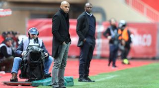 Head coaches Thierry Henry of Monaco and Patrick Vieira of Nice look on from the touchline during the Ligue 1 match between Monaco and Nice at the Stade Louis-II on January 16, 2019 in Fontvieille, Monaco.