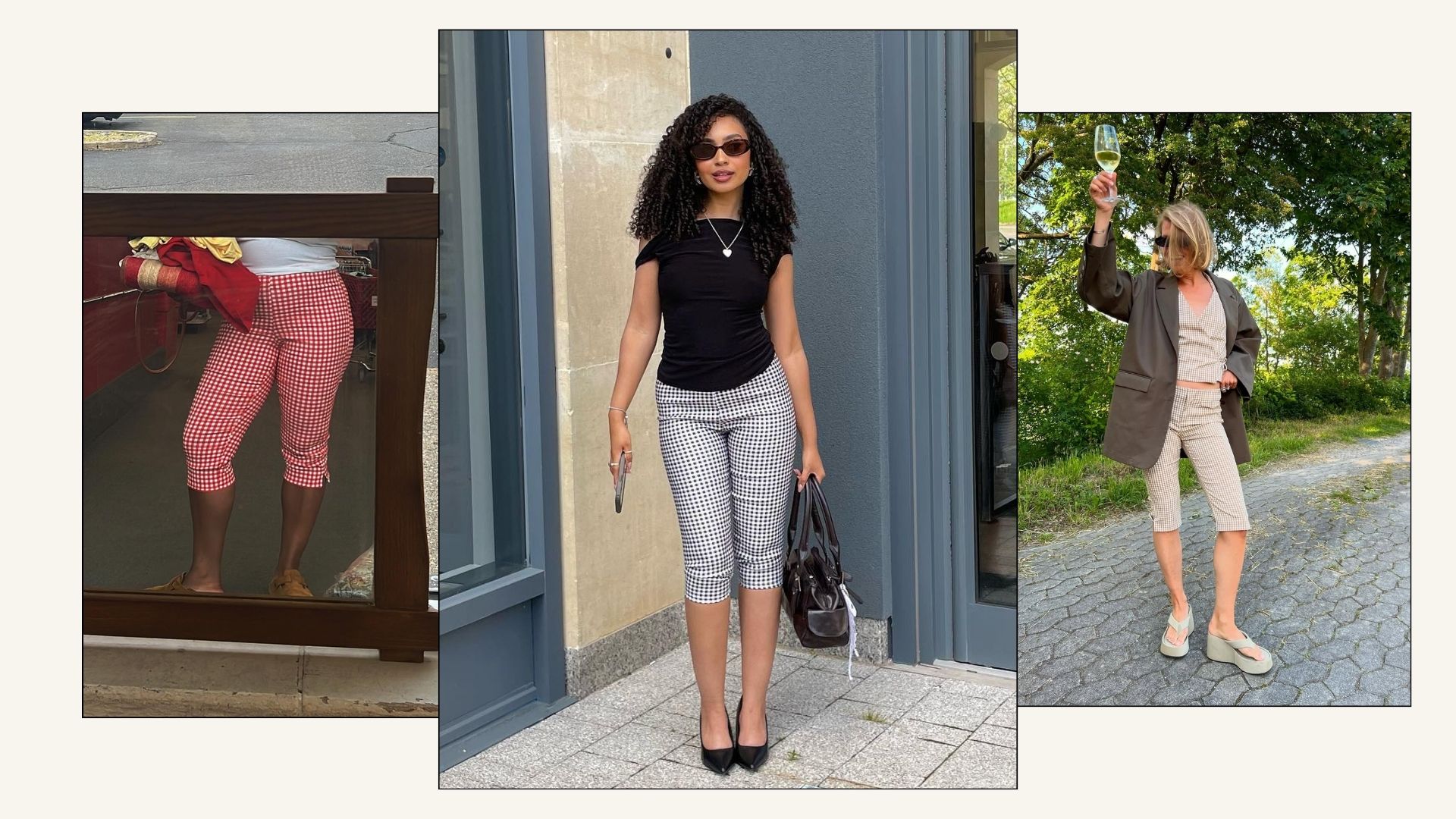 Influencer wears gingham capri pants.
