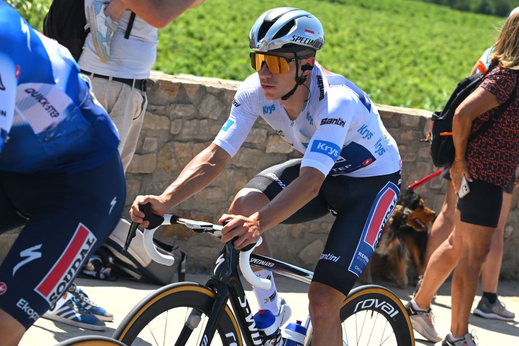 NIMES FRANCE JULY 16 Remco Evenepoel of Belgium and Team Soudal QuickStep White Best Young Rider Jersey competes during the 111th Tour de France 2024 Stage 16 a 1886km stage from Gruissan to Nimes UCIWT on July 16 2024 in Nimes France Photo by Dario BelingheriGetty Images