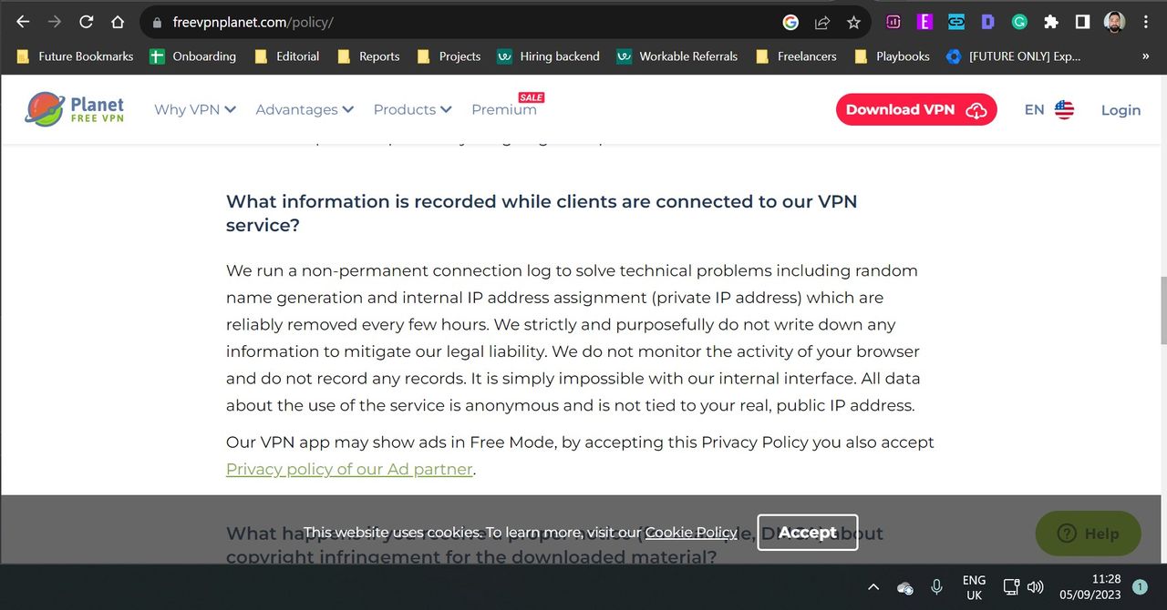 Screenshot of Free VPN Planet Privacy Policy as of 05 September, 2023