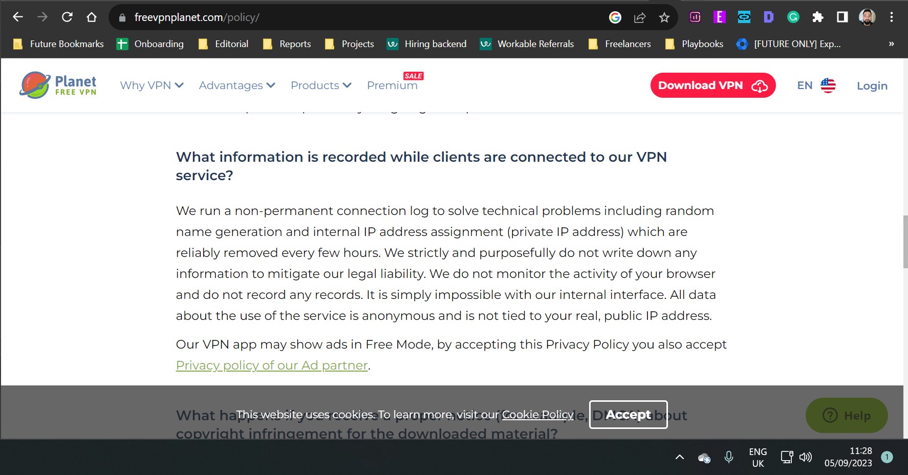 Screenshot of Free VPN Planet Privacy Policy as of 05 September, 2023