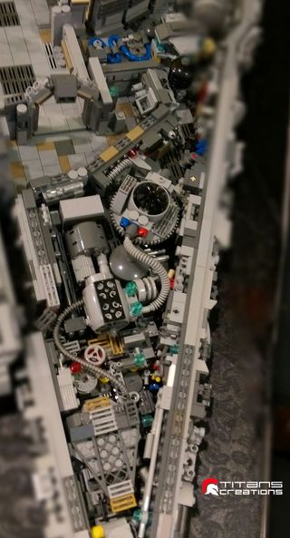 Close-up of part of Titans Creations' intricate Lego version of the Millennium Falcon.