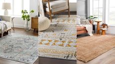 A three panel image showing rugs in the Boutique Rugs Winter Sale