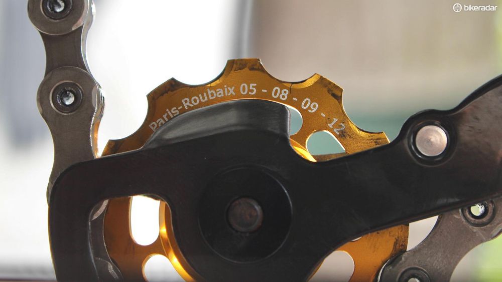 CeramicSpeed commemorated Boonen's previous Paris-Roubaix victories on custom gold pulley wheels