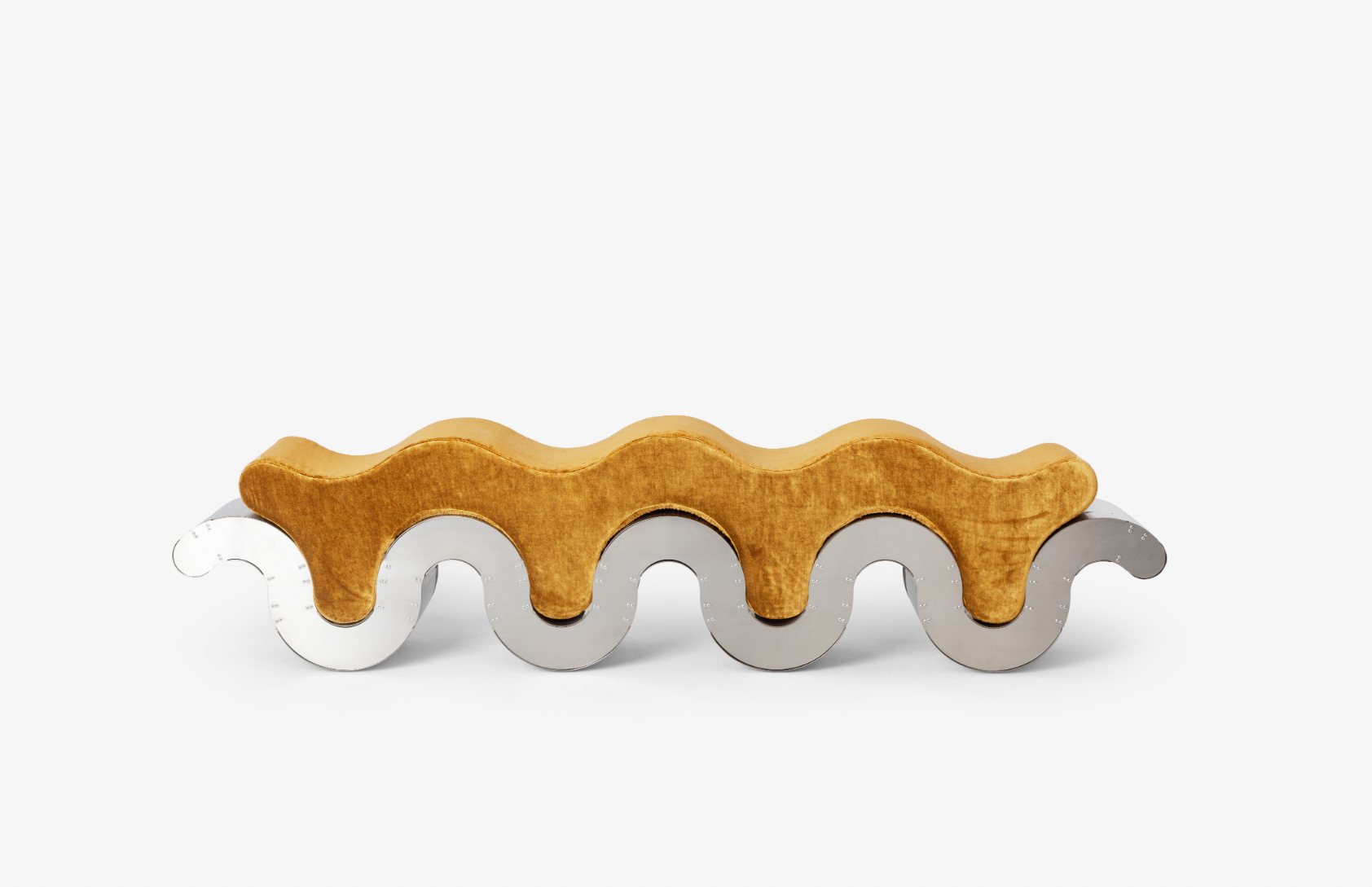 wriggly bench made of metal and a velvet-upholstered cushion in ochre yellow