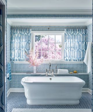 Blue and white tile floor and curtains