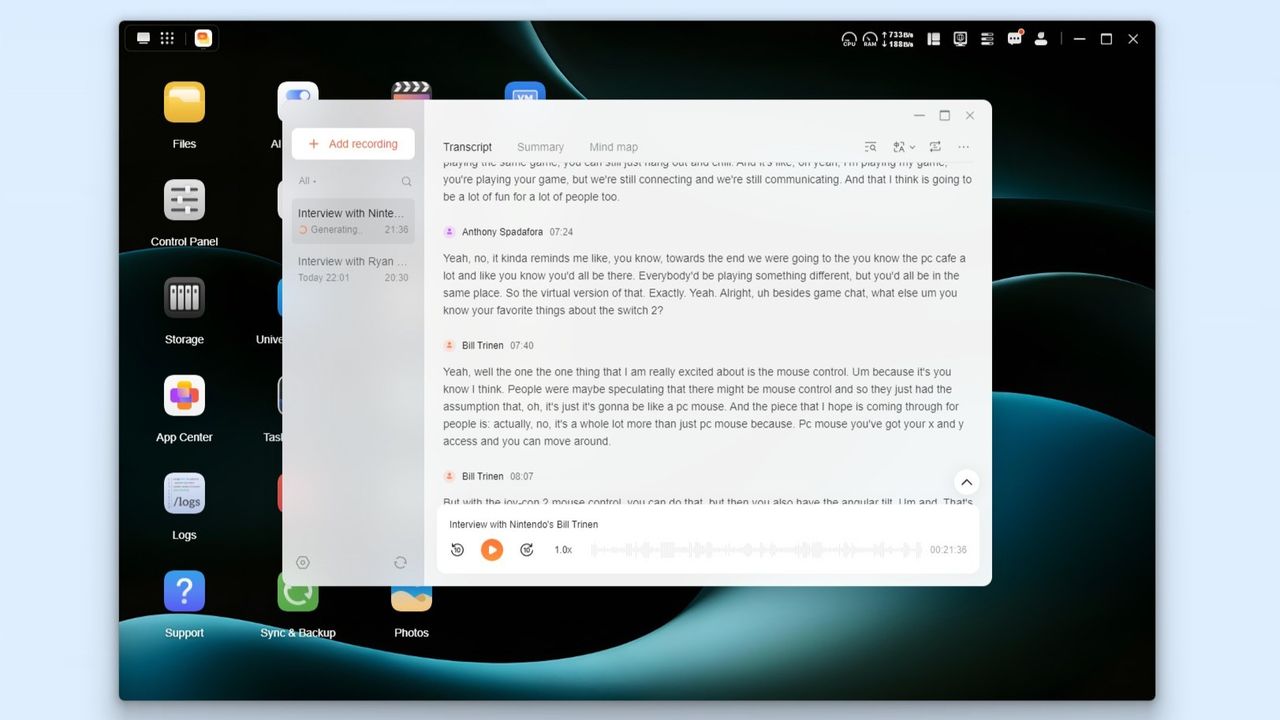 A screenshot of the Voice Memos app doing AI-powered transcription on the Ugreen iDX6011 Pro