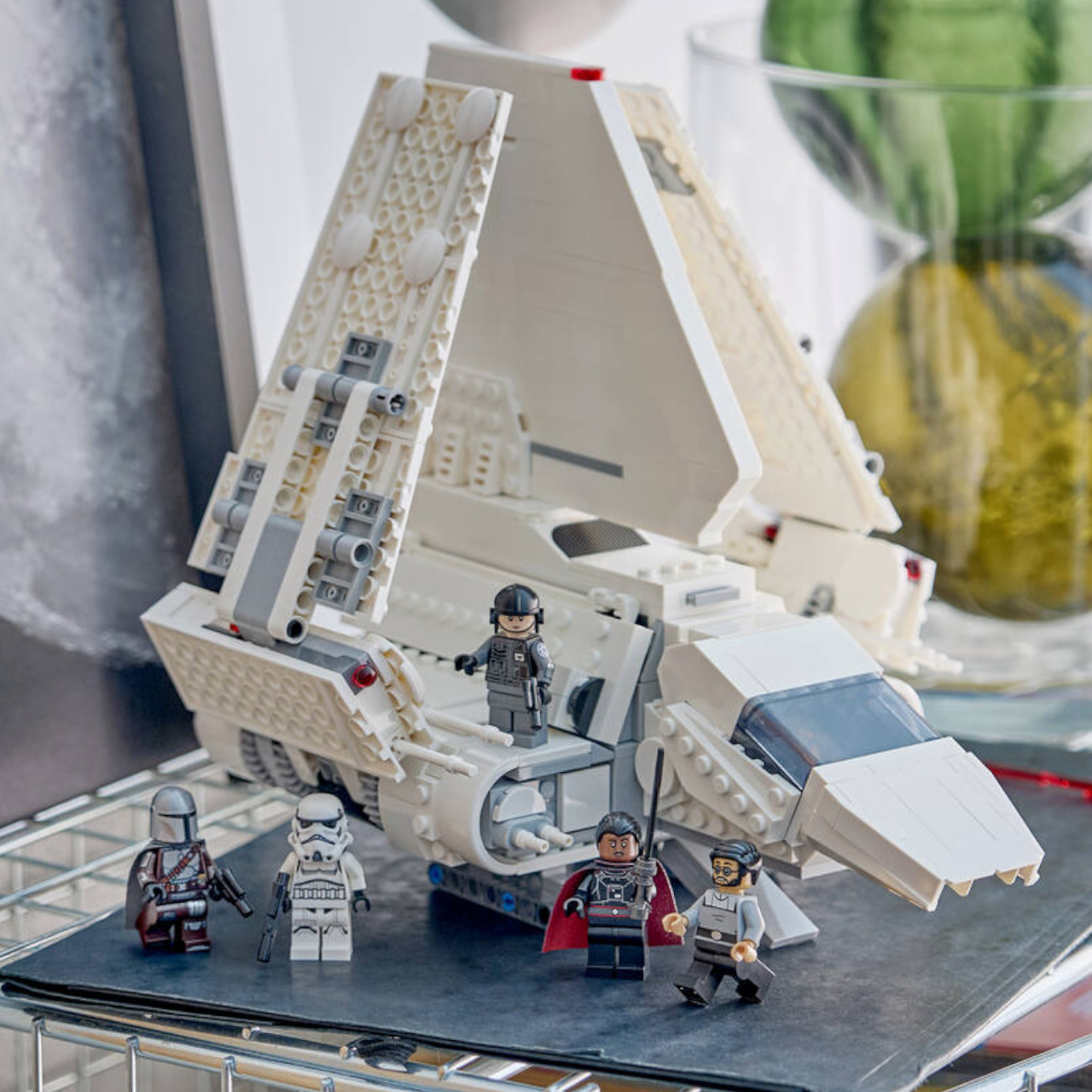 Lego Imperial Lambda-Class Shuttle on a wire-frame shelf