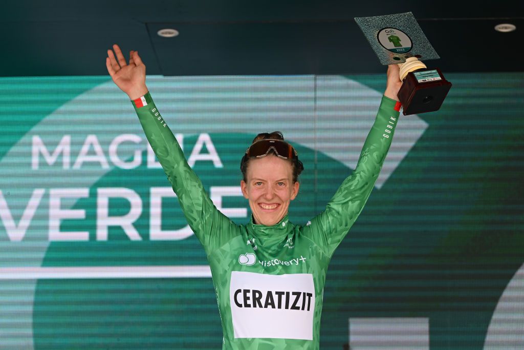 OLBIA ITALY JULY 02 Franziska Braue of Germany and Ceratizit WNT Pro Cycling Team Blue Mountain Jersey celebrates at podium during the 33rd Giro dItalia Donne 2022 Stage 3 a 1134km stage from Cala Gonone to Olbia GiroDonne UCIWWT on July 02 2022 in Olbia Italy Photo by Dario BelingheriGetty Images