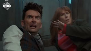 The Doctor and Donna look on in fear in an episode still.