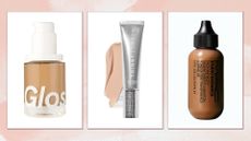 Collage of best lightweight foundations (L-R) Glossier, Trinny London, M.A.C, with a pink watercolour background