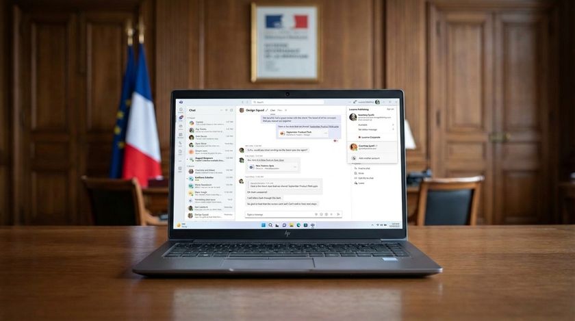 Microsoft Teams running on a Windows 11 laptop in a mockup of a French government office. 