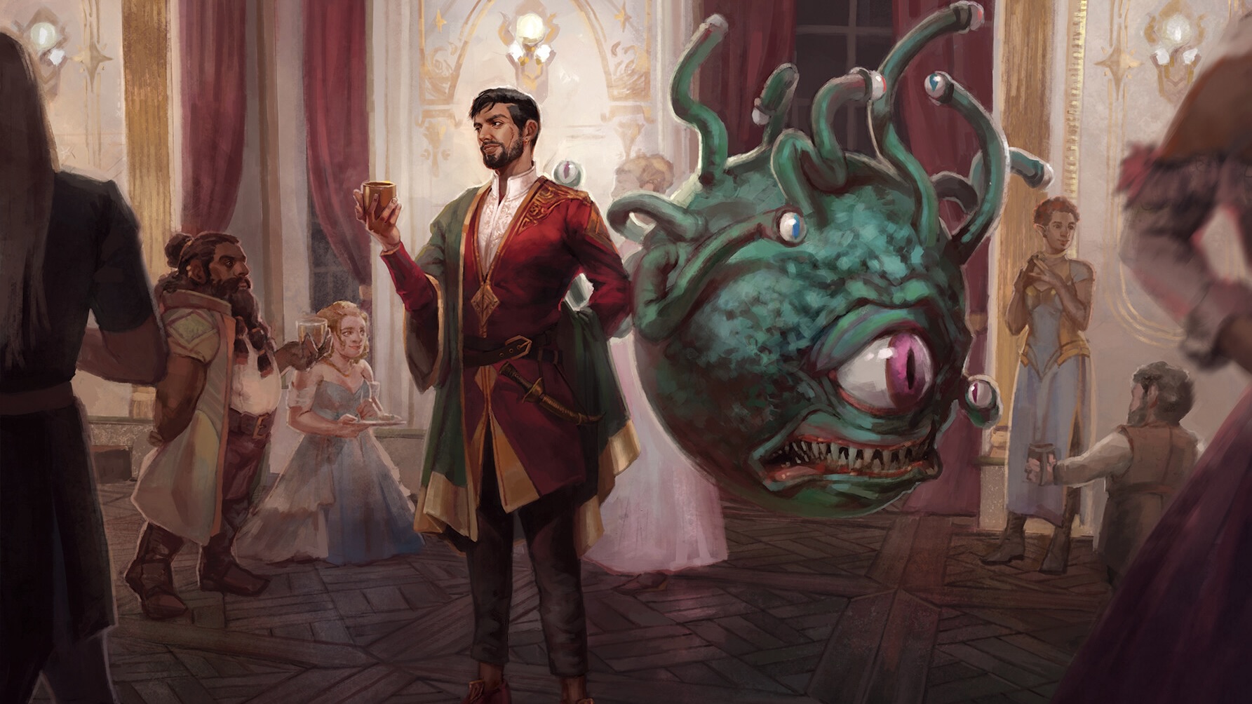 art showing a bard and a beholder in a ballroom scene