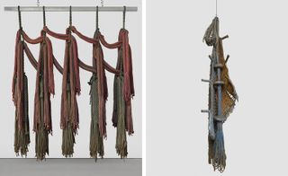 The exhibition comprises 11 pieces of her sculptural experiment of knotted ropes from 1967 to 1991.Left: 'Metamorphosis IV (4),' 1987-1990, dyed and painted manila, plaster and acrylic paint.