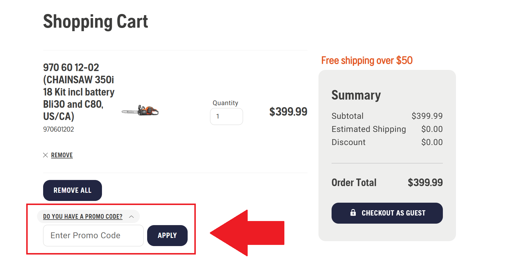 A screenshot of the husqvarna checkout page showing where to enter a husqvarna promo code