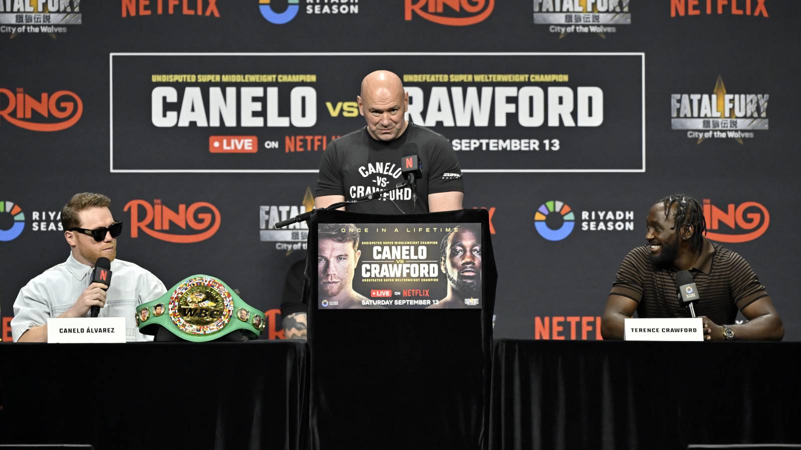 Canelo and Crawford during a press conference for their Netflix boxing match.