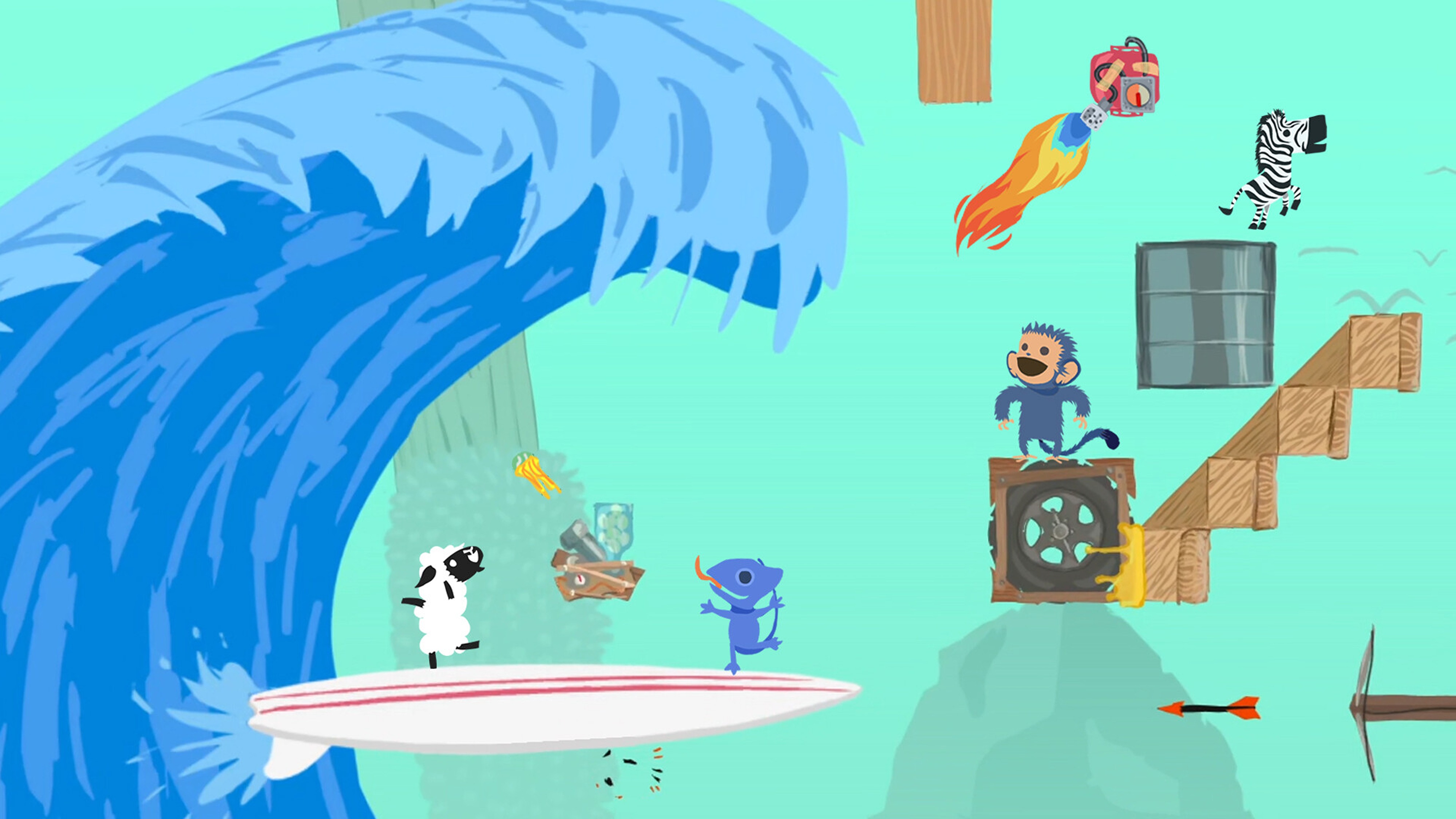 Promotional screenshot of players creating chaos in Ultimate Chicken Horse