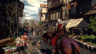 Geralt rides Roach into a metropolis.