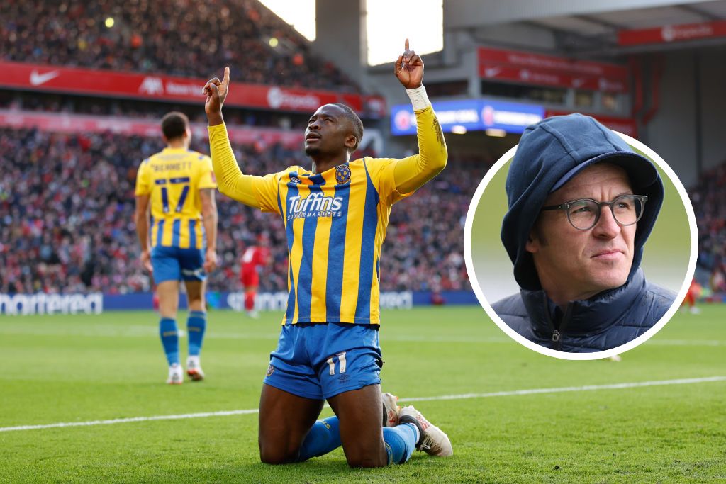 Daniel Udoh of Shrewsbury Town celebrates after scoring a goal to make it 0-1 during the Emirates FA Cup Third Round match between Liverpool and Shrewsbury Town at Anfield on January 9, 2022 in Liverpool, England.