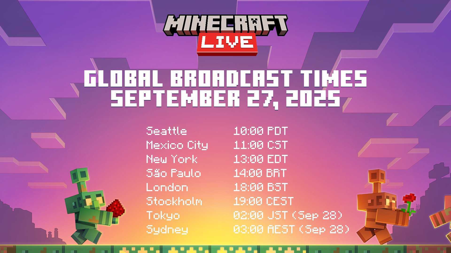 Screenshot of Minecraft Live (Sept. 2025) global broadcast times.