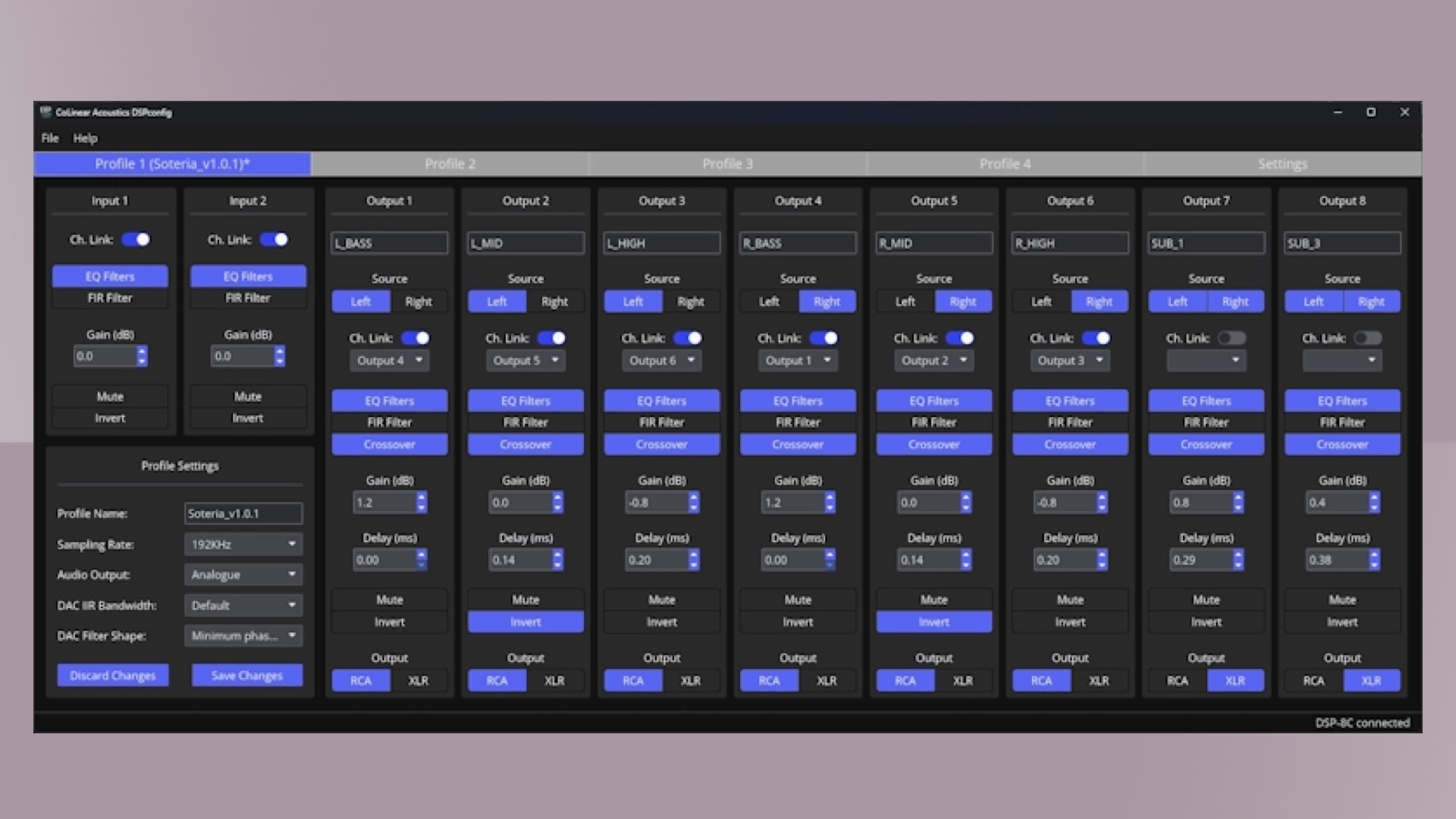 Screenshot of the DSPconfig control for the Colinear Acoustics DSP-8C